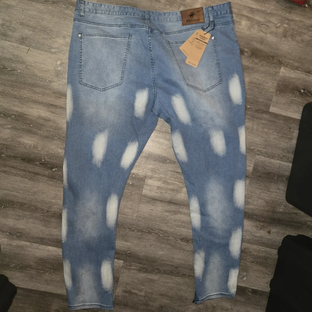 HENGAO Mens Destroyed Ripped Straight‎ Fit Jeans 1161 LIGHT BLUE SIZE 48